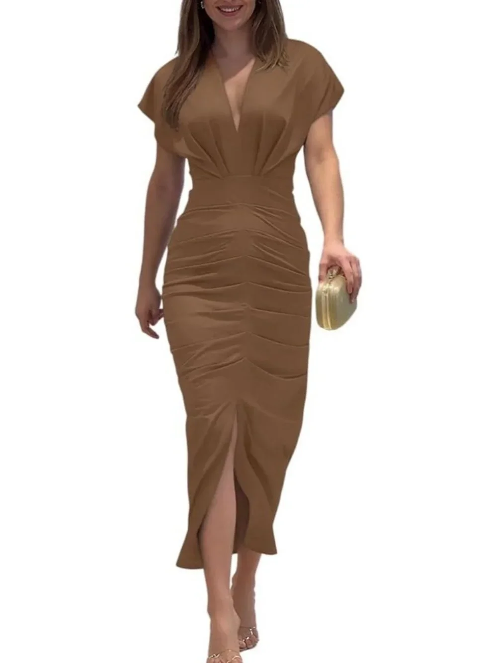 Women Solid Brown Polyester Elastane Floral Print V Neck Slit Bodycon Midi Dress